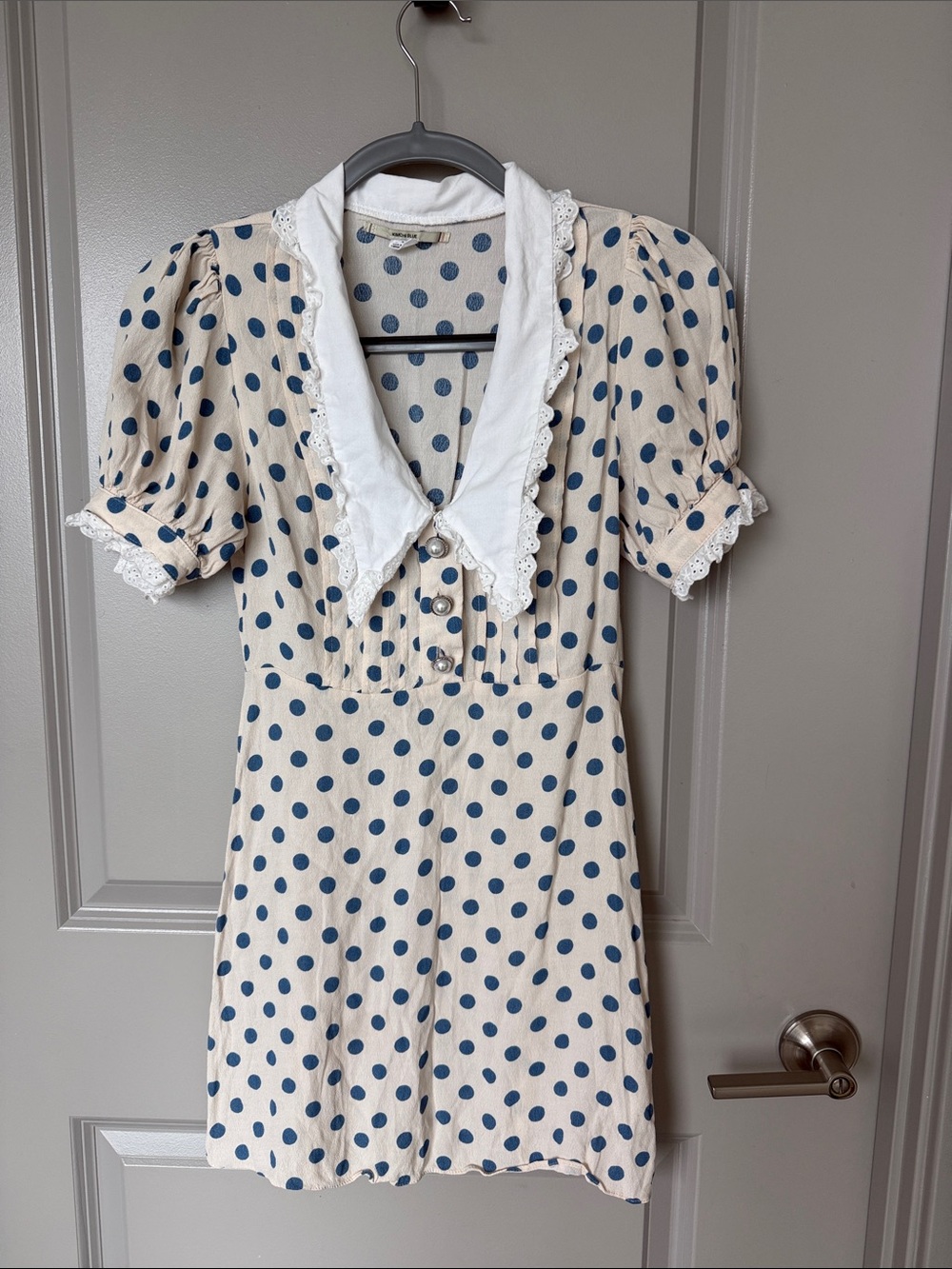 SIZE S Polka Dot Mini Dress with Lace Collar - Cream & Navy